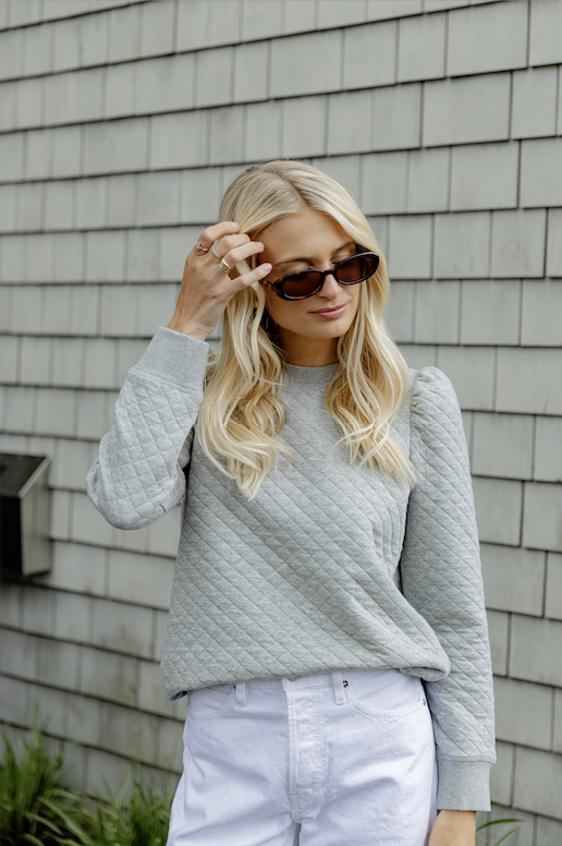 Grey Quilted Puff Sleeve Sweatshirt