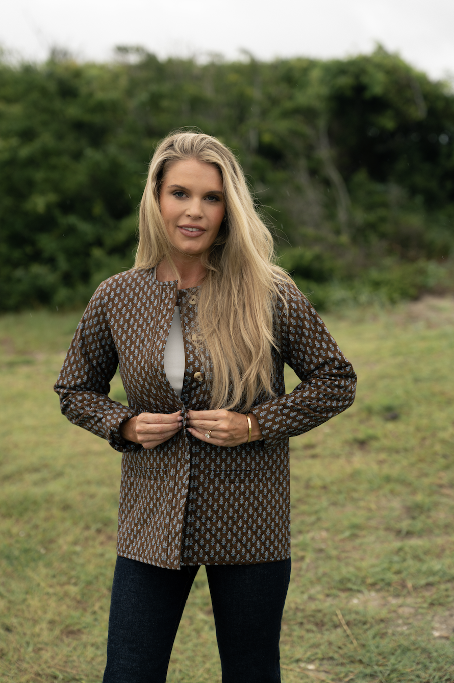 Block Print Button Front Quilted Jacket