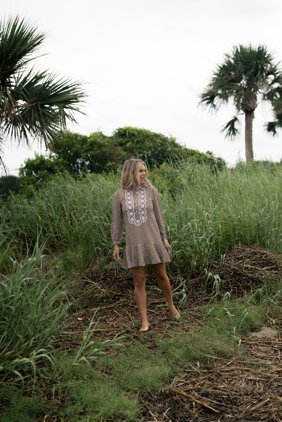 Brown & White Gingham Embroidered Ruffle Hem Shirt Dress