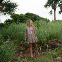 Brown & White Gingham Embroidered Ruffle Hem Shirt Dress