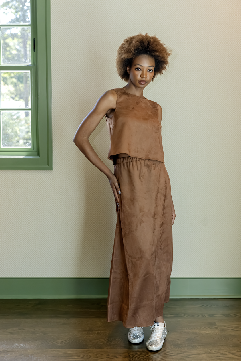 Camel Suede Midi Skirt Set