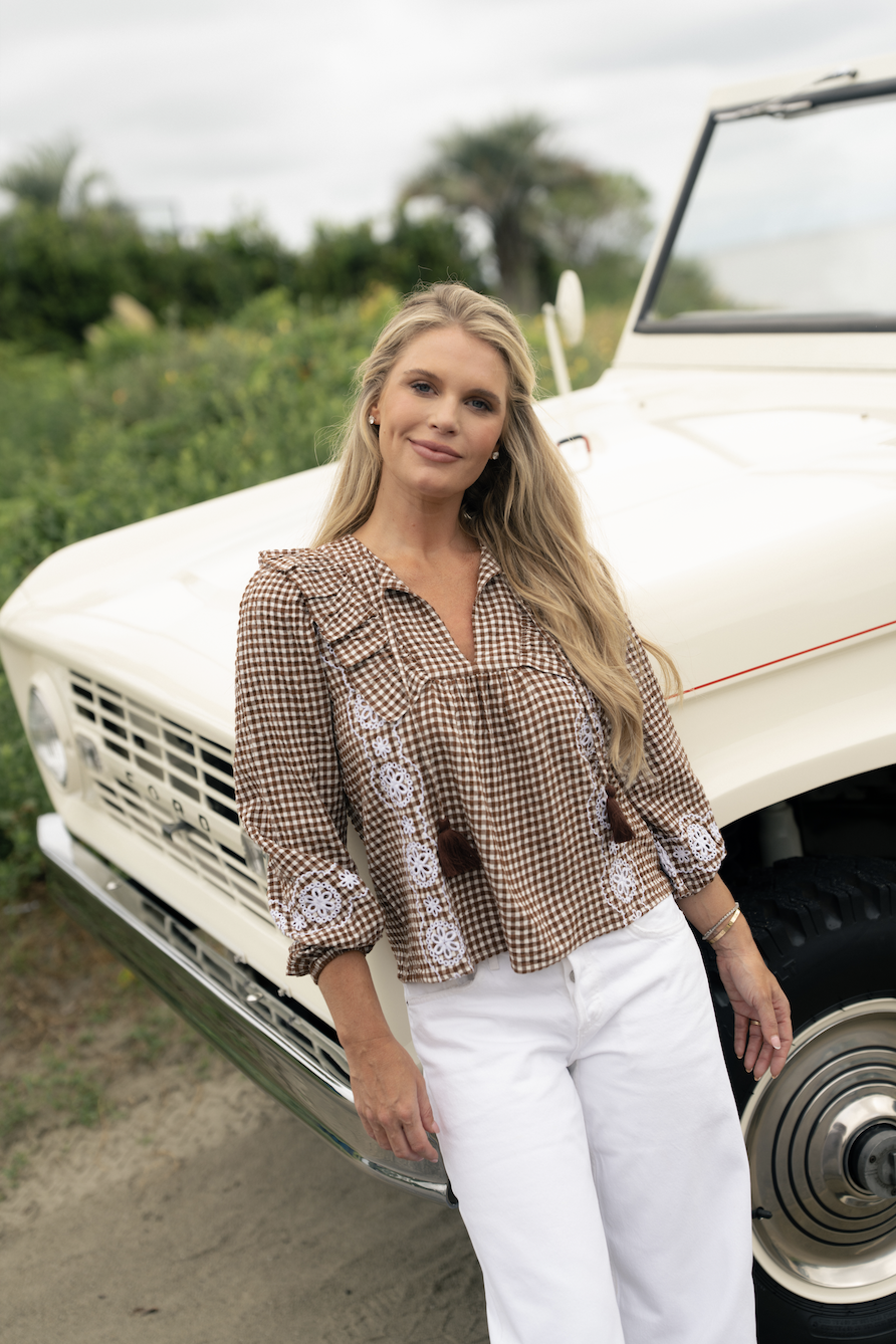 Brown & White Gingham Embroidered Ruffle Front Top with Tassels