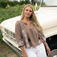 Brown & White Gingham Embroidered Ruffle Front Top with Tassels