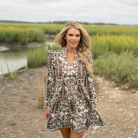 Tropical Block Print Long Sleeve Tunic Flare Dress
