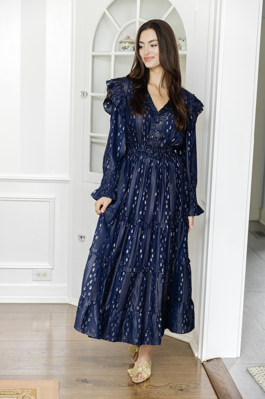 Navy & Gold Lurex Smocked Waist Midi Dress