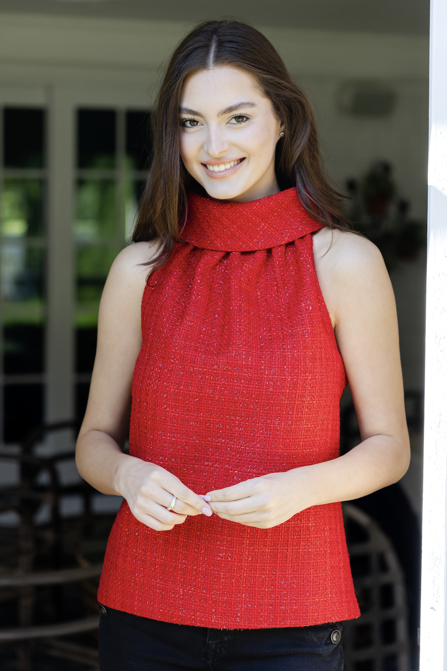 Red Tweed Cowl Neck Top