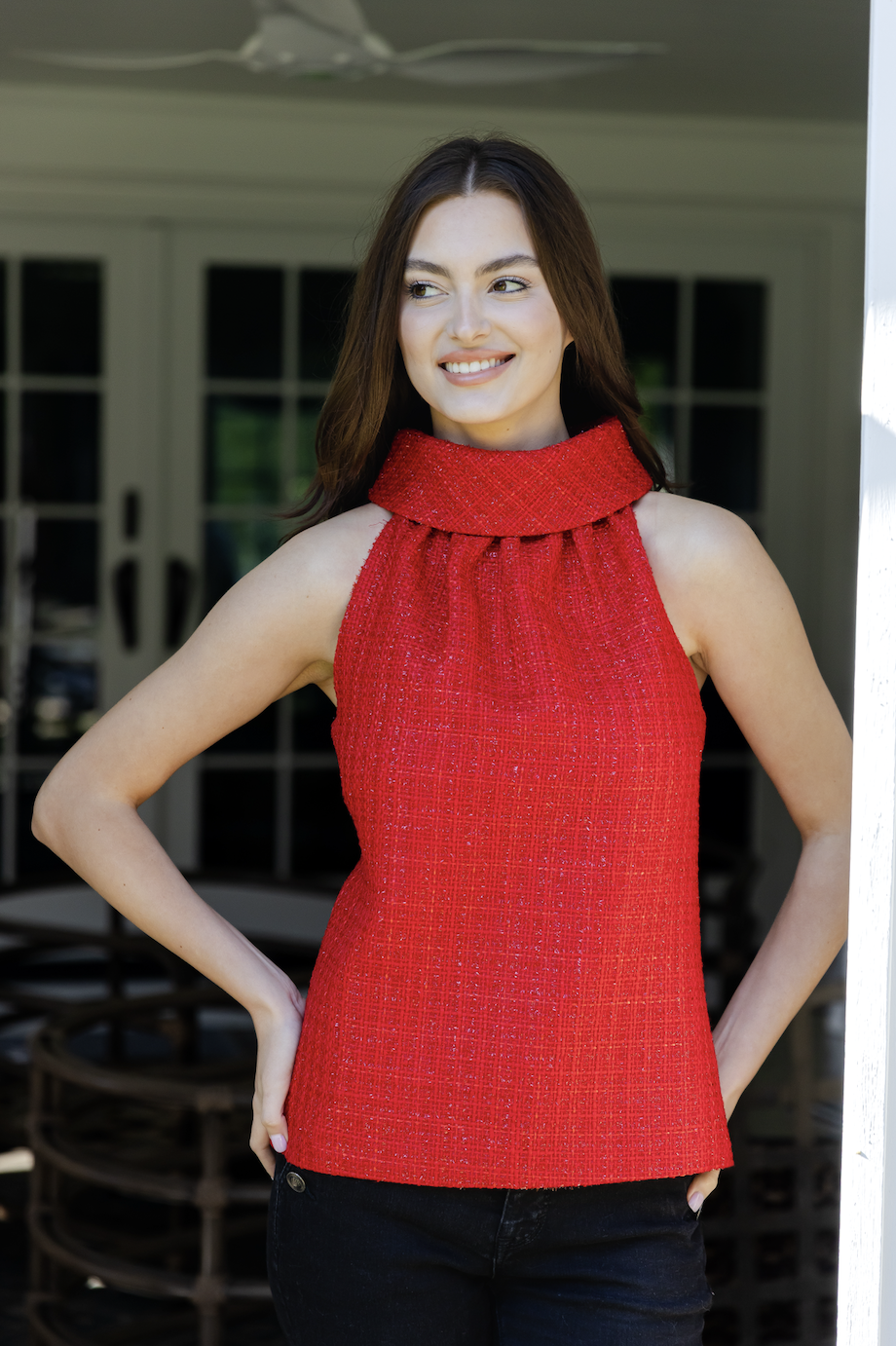 Red Tweed Cowl Neck Top