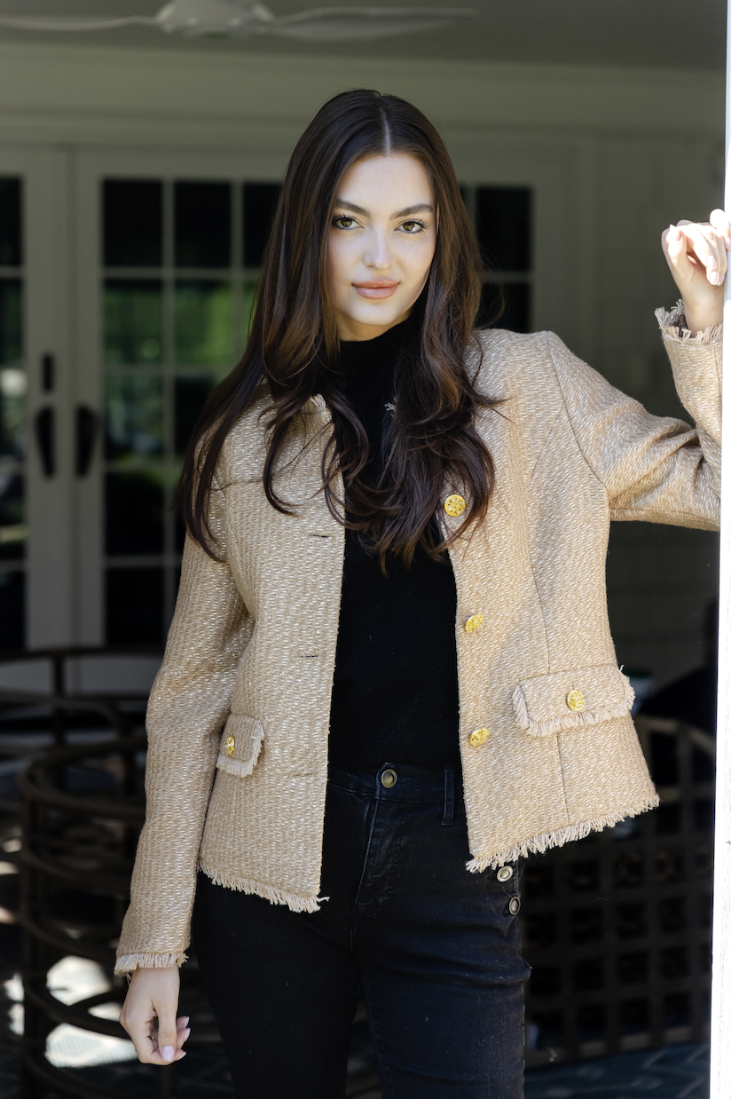 Gold Tweet Button Front Jacket