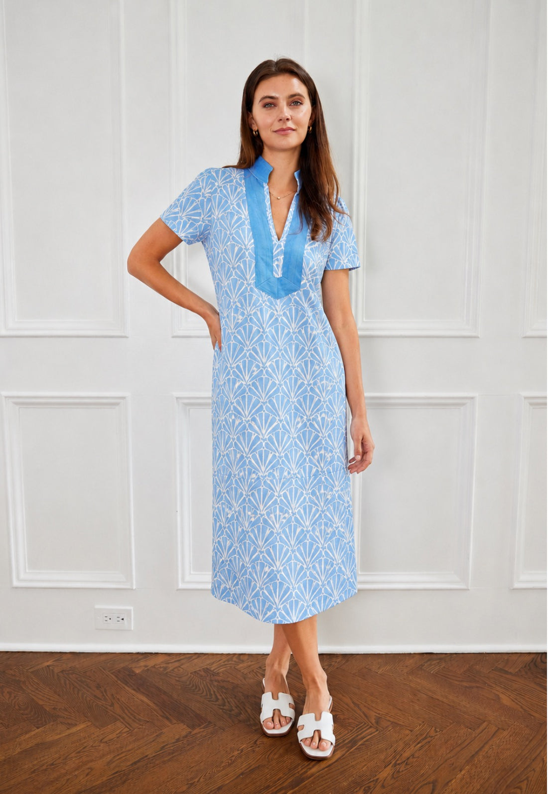 Blue Shell Print Short Sleeve Midi Tunic Dress