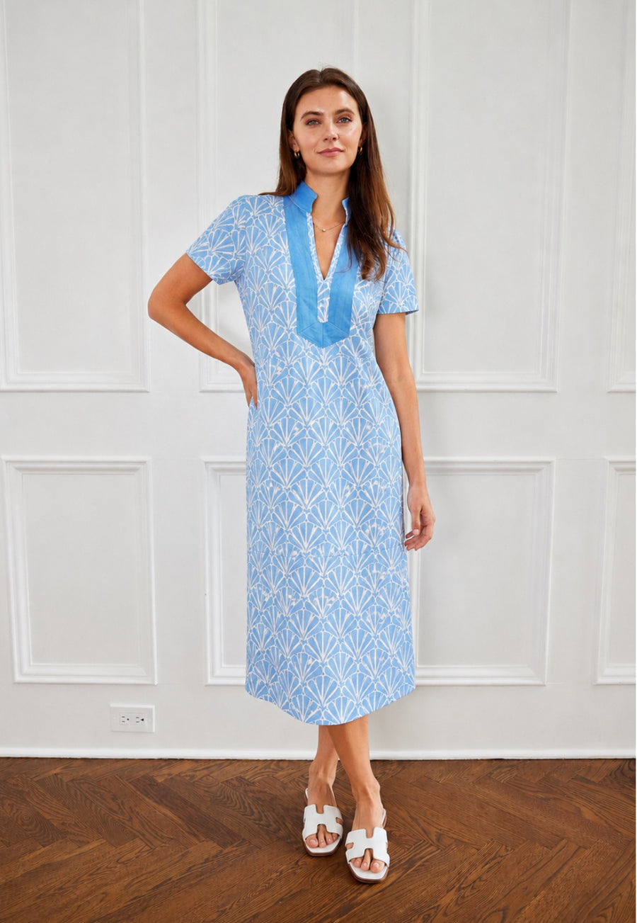 Sail to Sable BLUE Shell Print Short Puff Sleeve Midi Tunic Dress BLUE Shell Print / L / SU26001SM