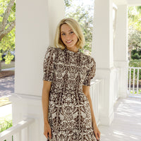Tropical Block Print Smocked Puff Sleeve Mini Dress
