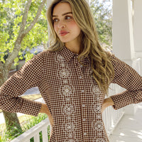 Brown & White Gingham Embroidered Shirt Dress
