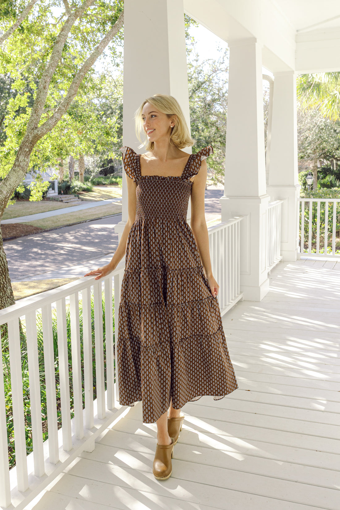 Block Print Smocked Flutter Strap Midi