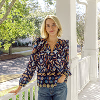 Navy Geo Floral Ruffle Front Top with Tassels