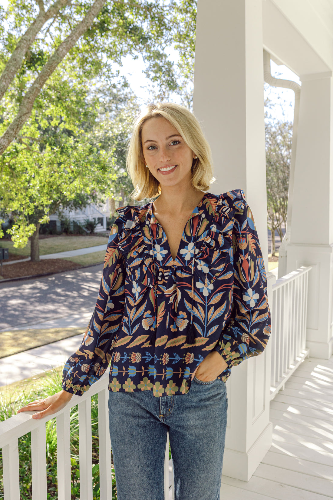 Navy Geo Floral Ruffle Front Top with Tassels