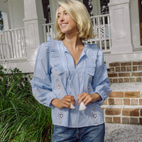 Blue & White Stripe Ruffle Front Top With Tassels