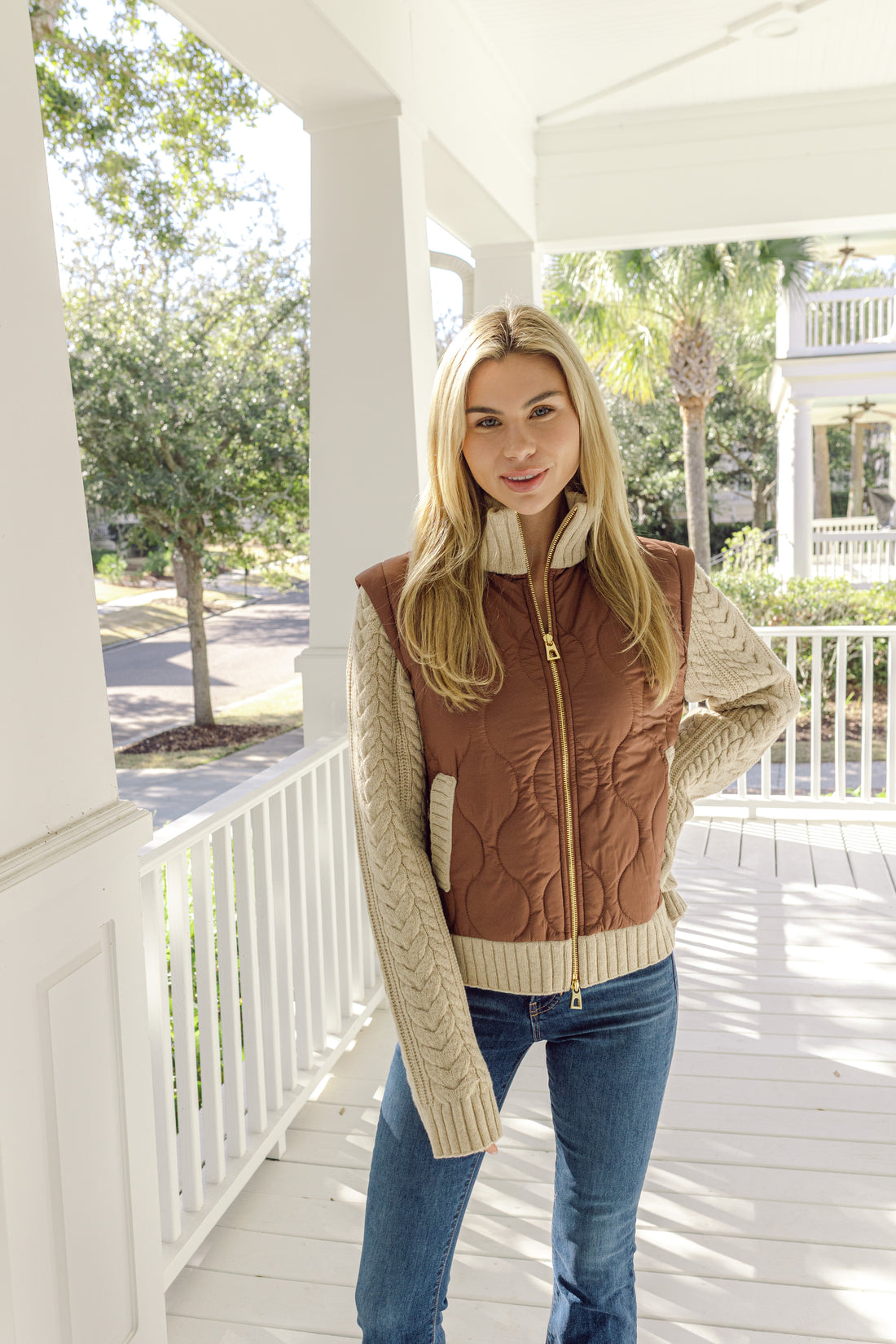 Camel Quilted Sweater Jacket