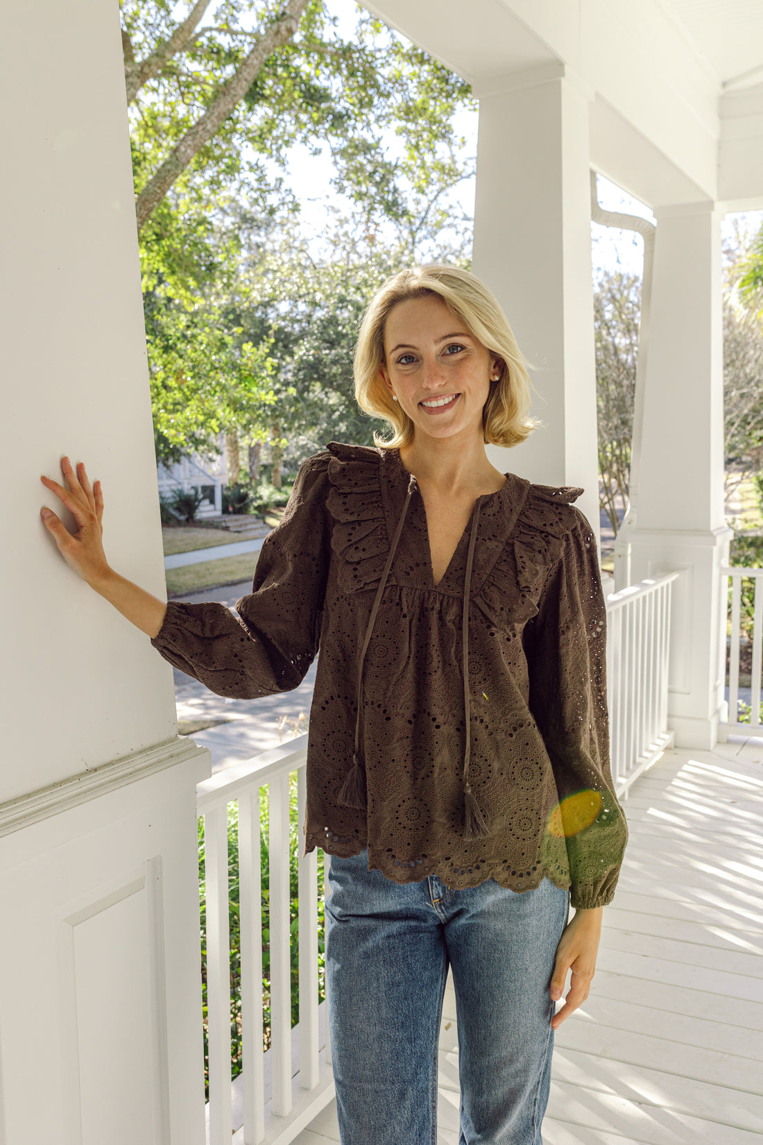 Hot Fudge Eyelet Ruffle Front Top with Tassels