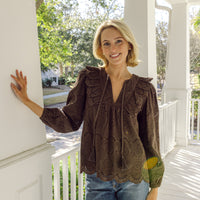 Hot Fudge Eyelet Ruffle Front Top with Tassels