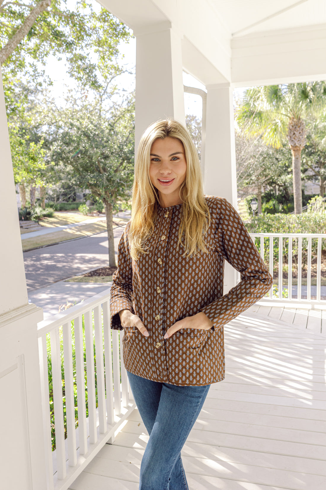 Block Print Button Front Quilted Jacket