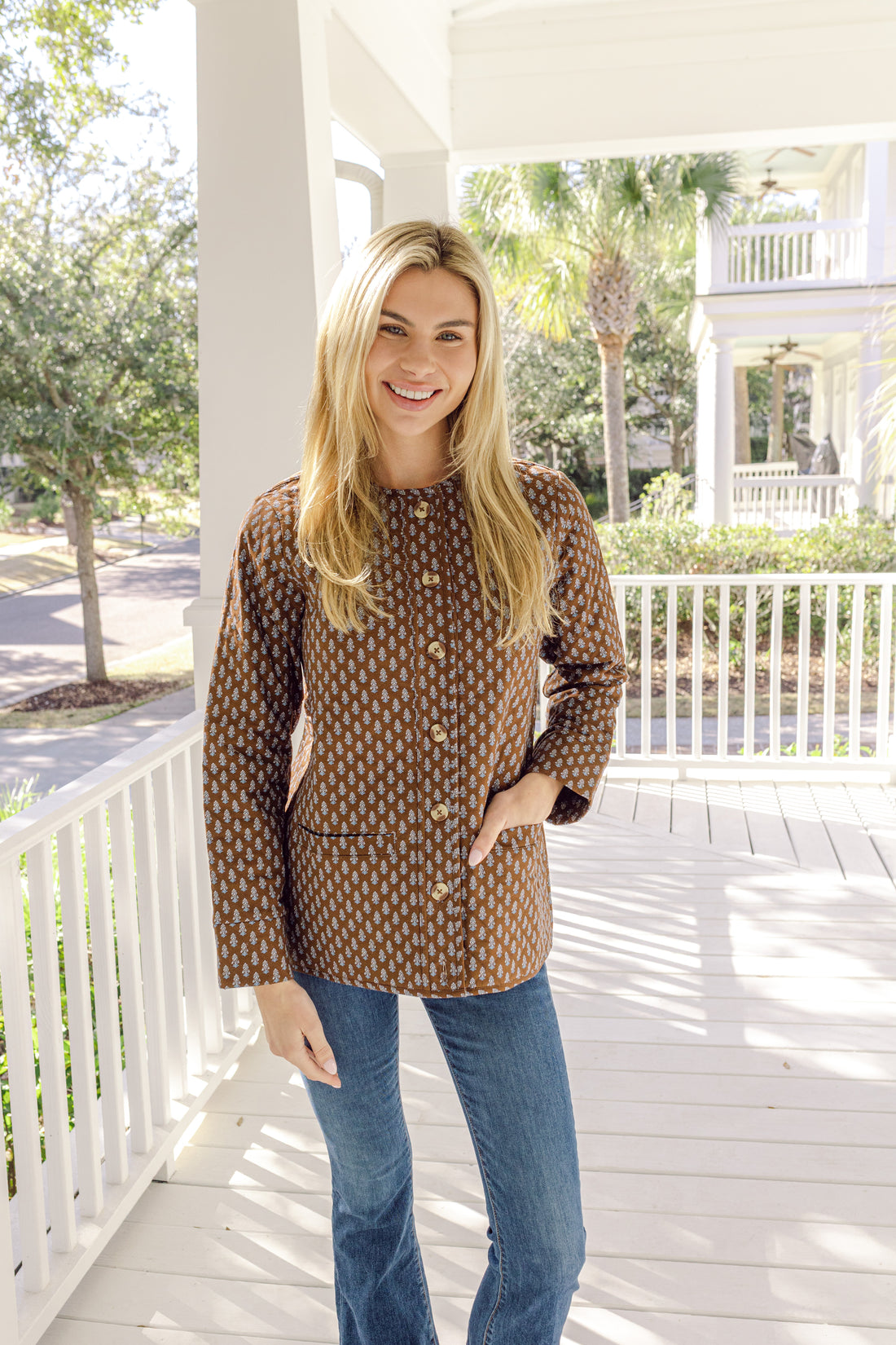 Block Print Button Front Quilted Jacket