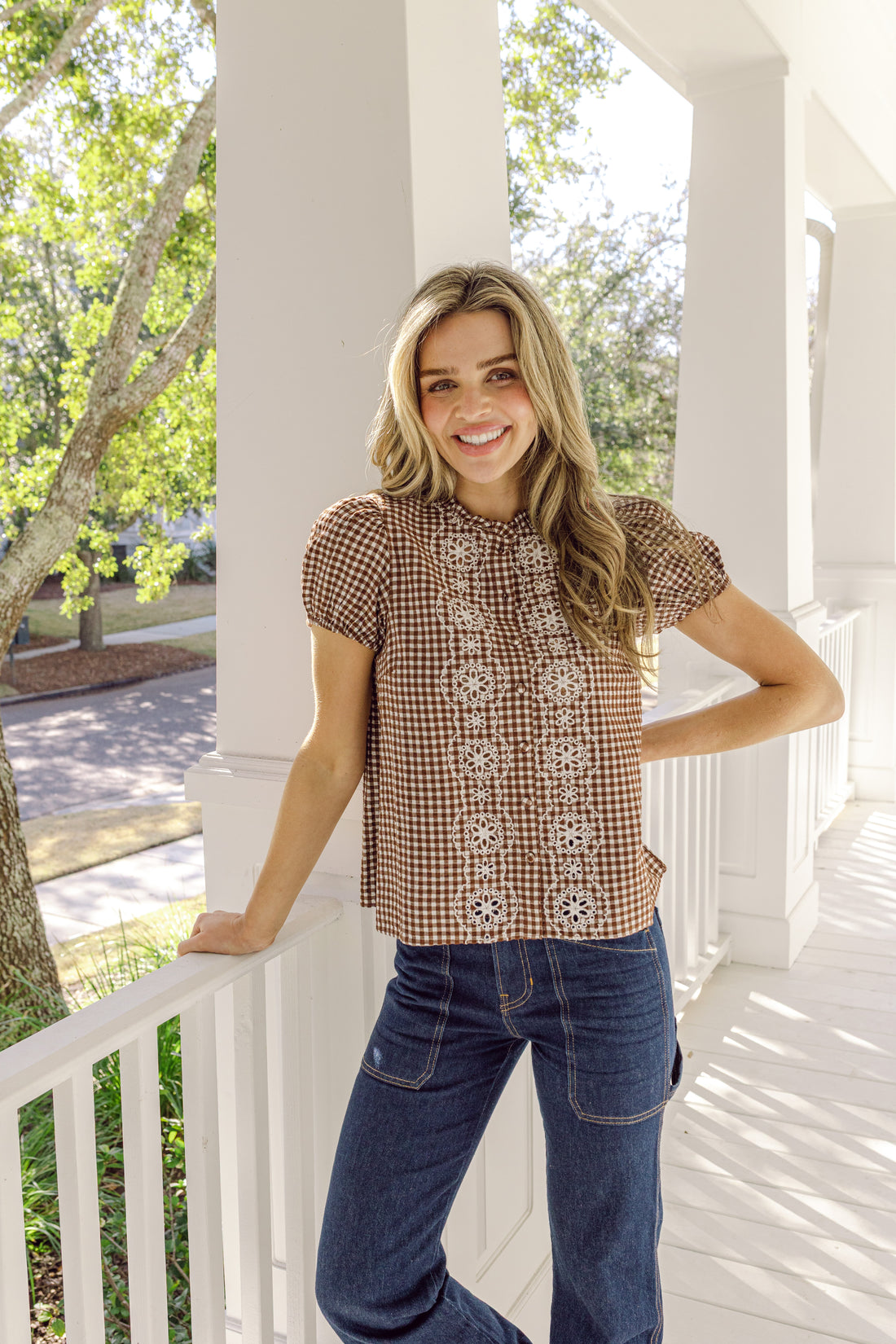 Brown & White Gingham Embroidered Puff Sleeve Top