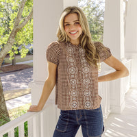 Brown & White Gingham Embroidered Puff Sleeve Top