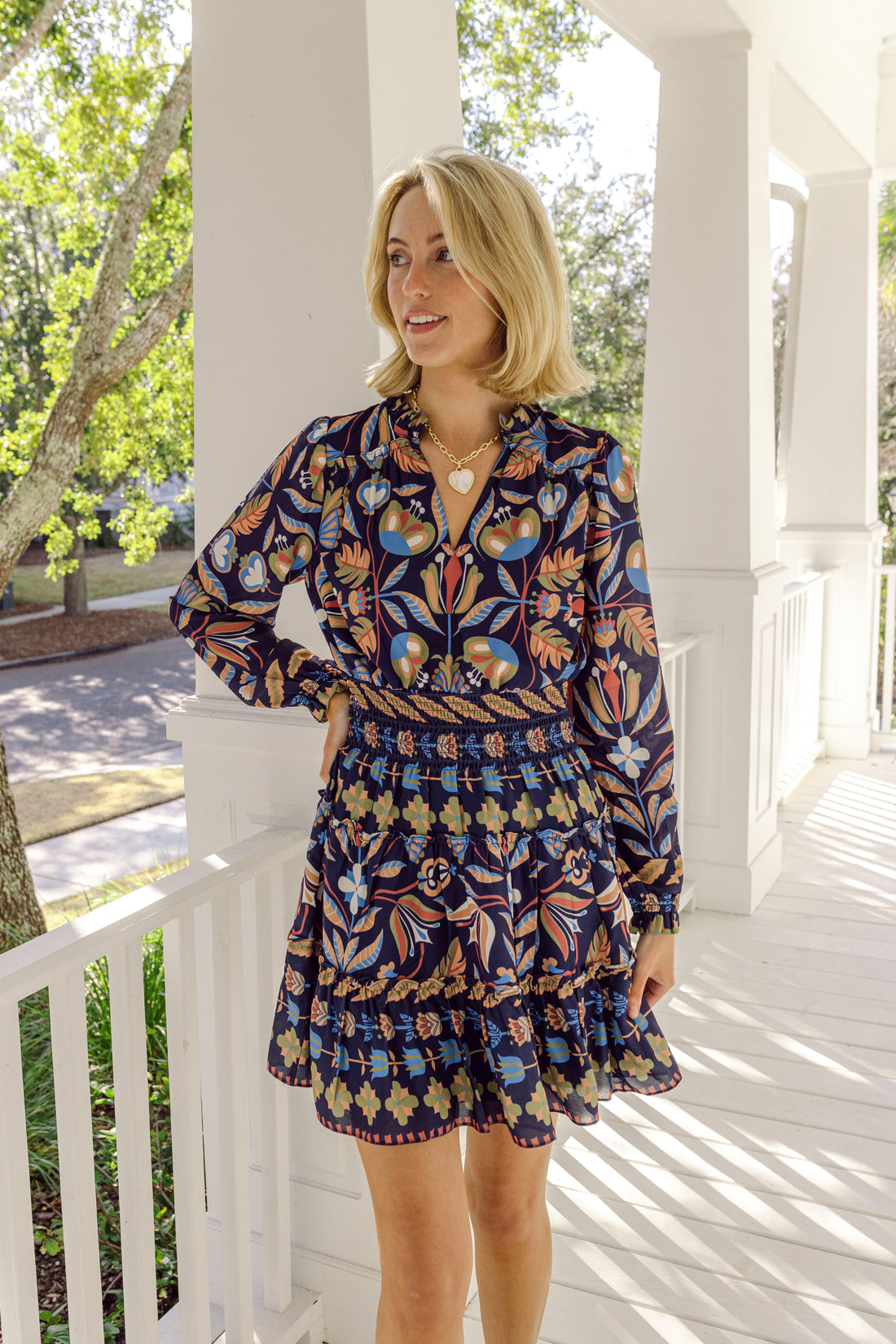 Navy Geo Floral Long Sleeve Smocked Waist Dress