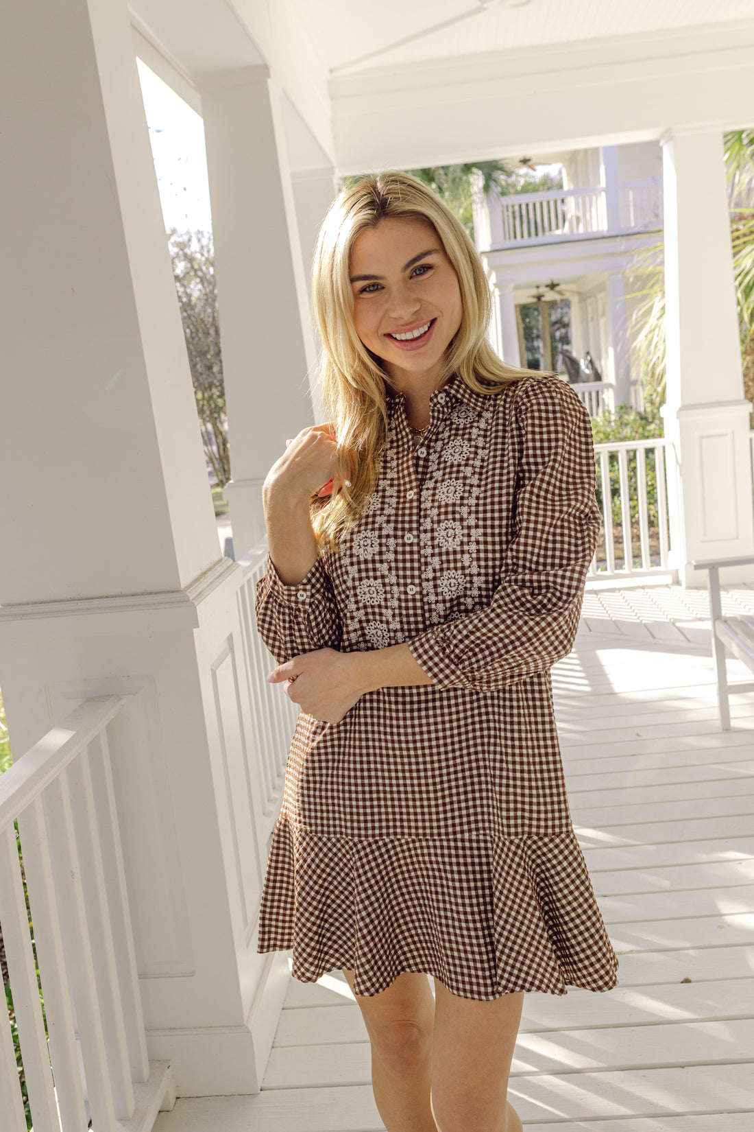 Brown & White Gingham Embroidered Ruffle Hem Shirt Dress