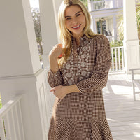 Brown & White Gingham Embroidered Ruffle Hem Shirt Dress