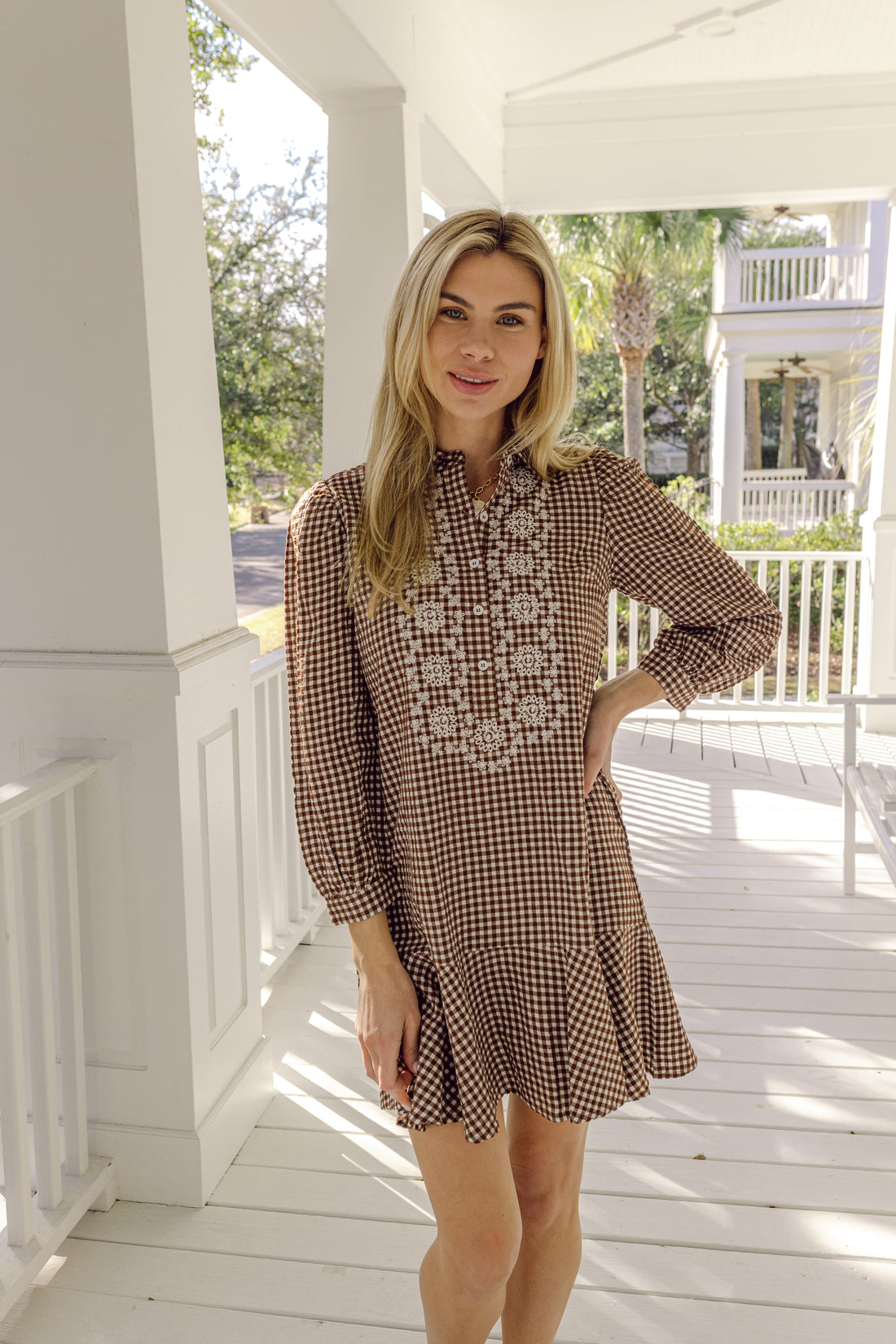 Brown & White Gingham Embroidered Ruffle Hem Shirt Dress