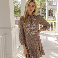 Brown & White Gingham Embroidered Ruffle Hem Shirt Dress