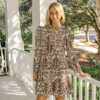 Tropical Block Print Long Sleeve Tunic Flare Dress