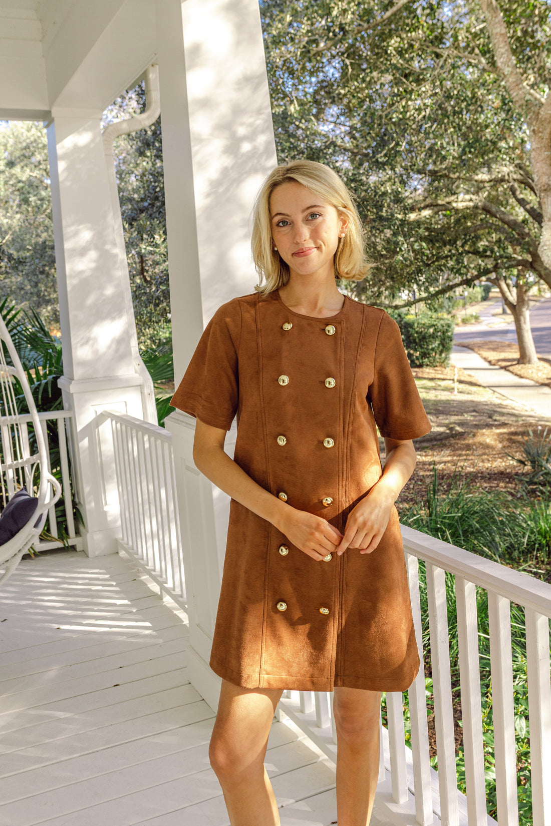 Camel Suede Short Sleeve Button Front Dress