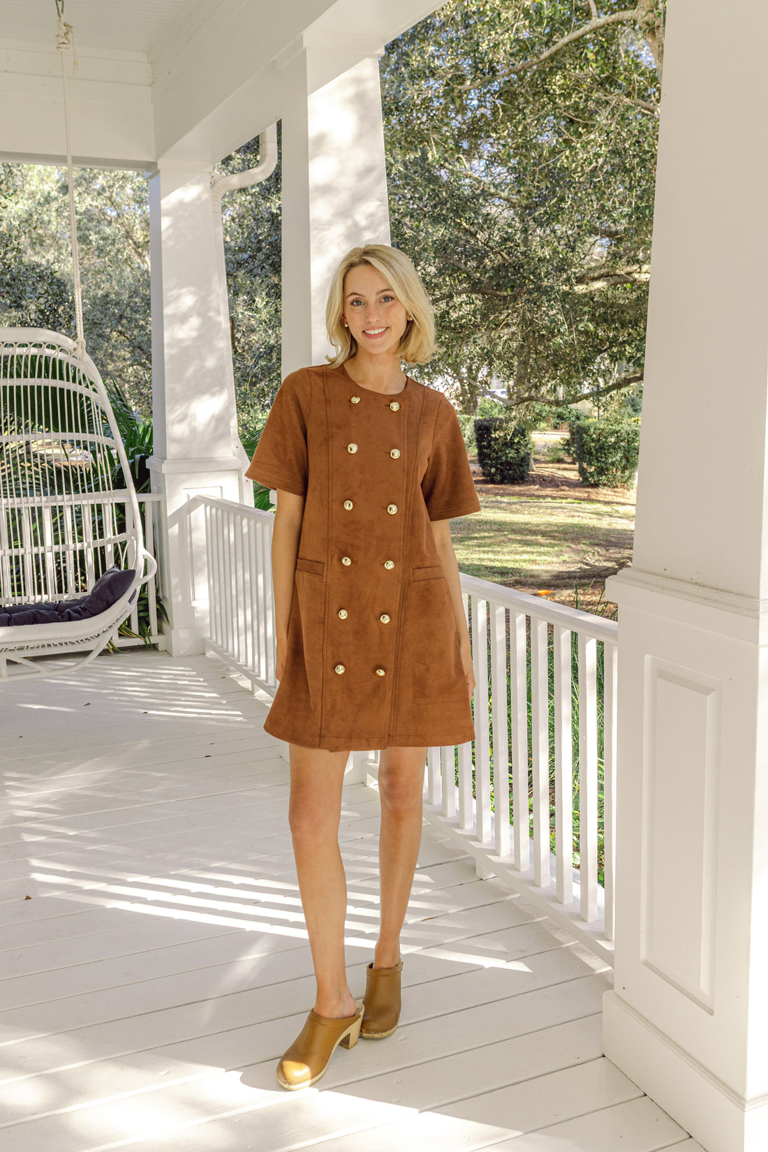 Camel Suede Short Sleeve Button Front Dress