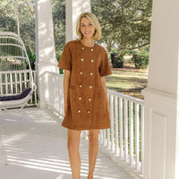 Camel Suede Short Sleeve Button Front Dress