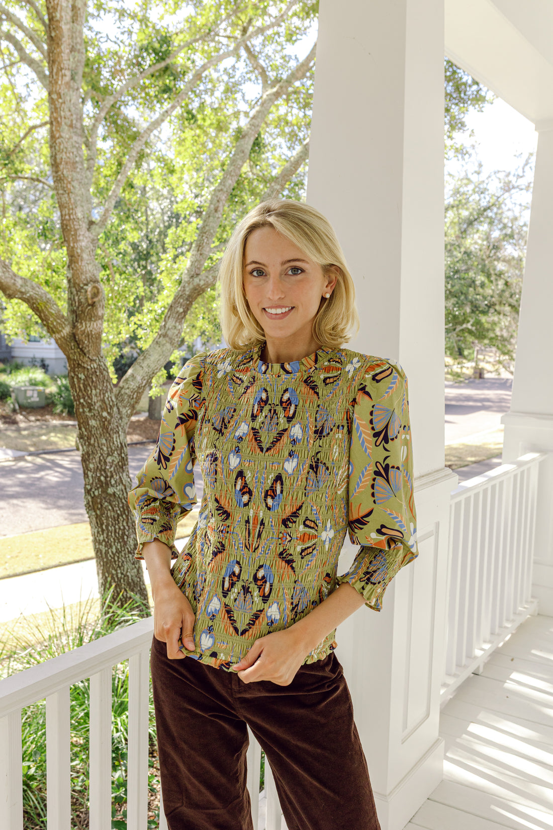 Moss Geo Smocked Puff Sleeve Top