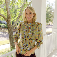 Moss Geo Smocked Puff Sleeve Top