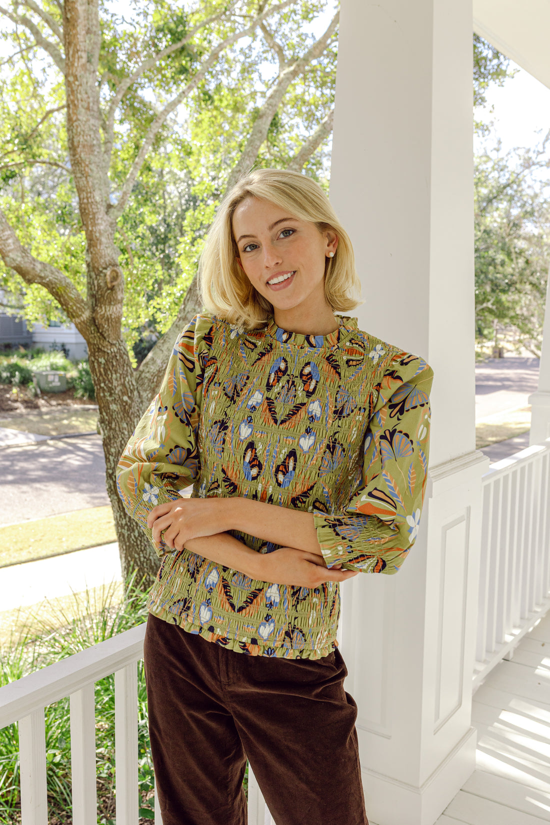 Moss Geo Smocked Puff Sleeve Top