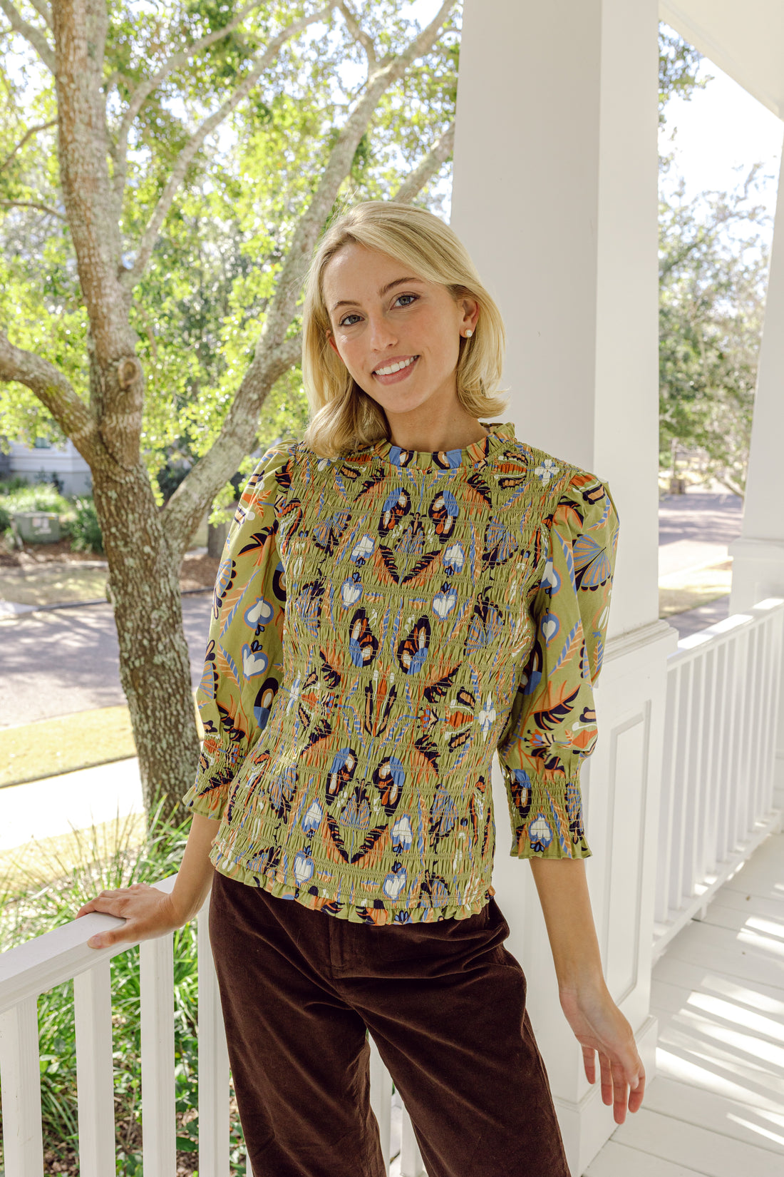 Moss Geo Smocked Puff Sleeve Top