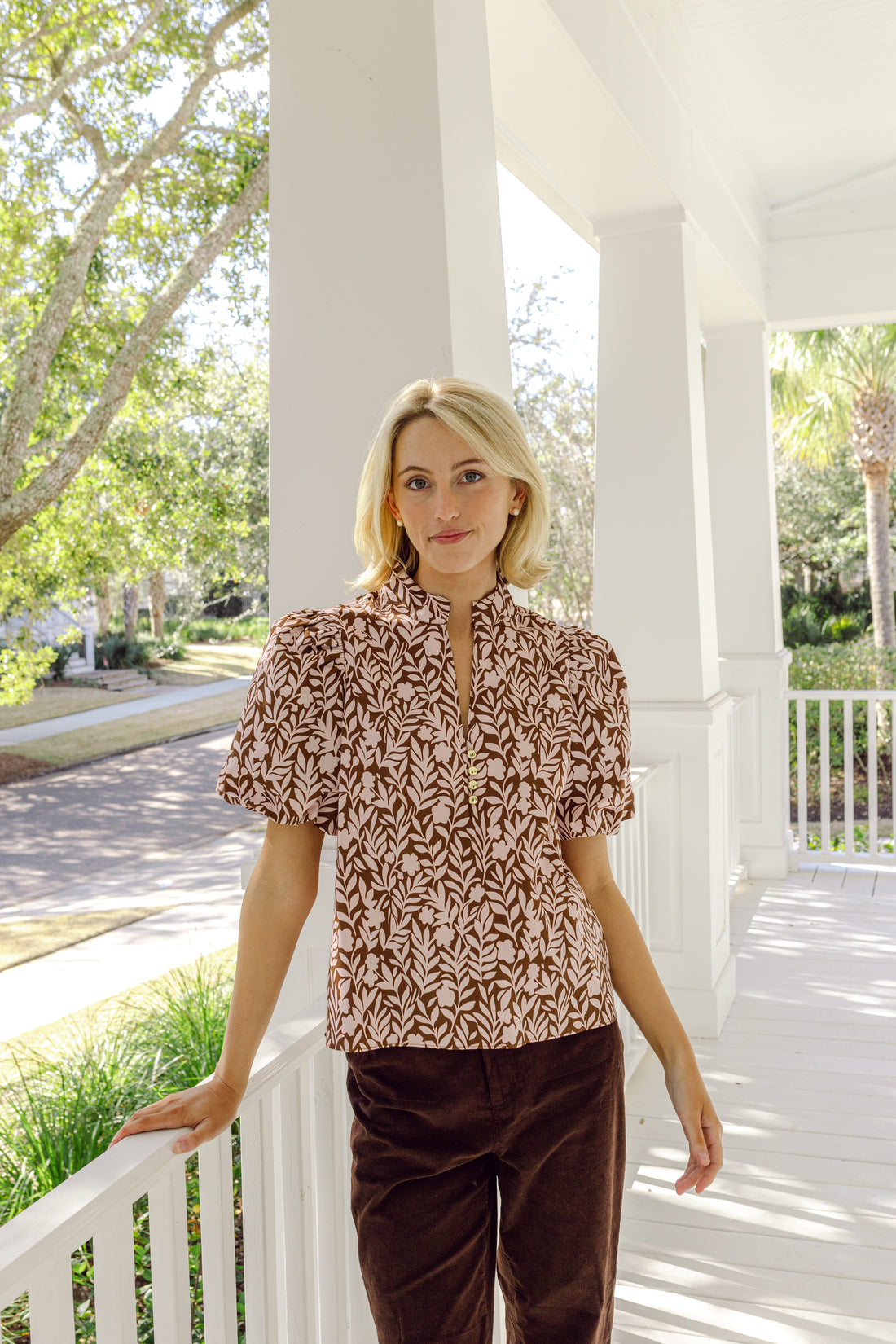 Floral Vine Print Puff Sleeve Tunic Top