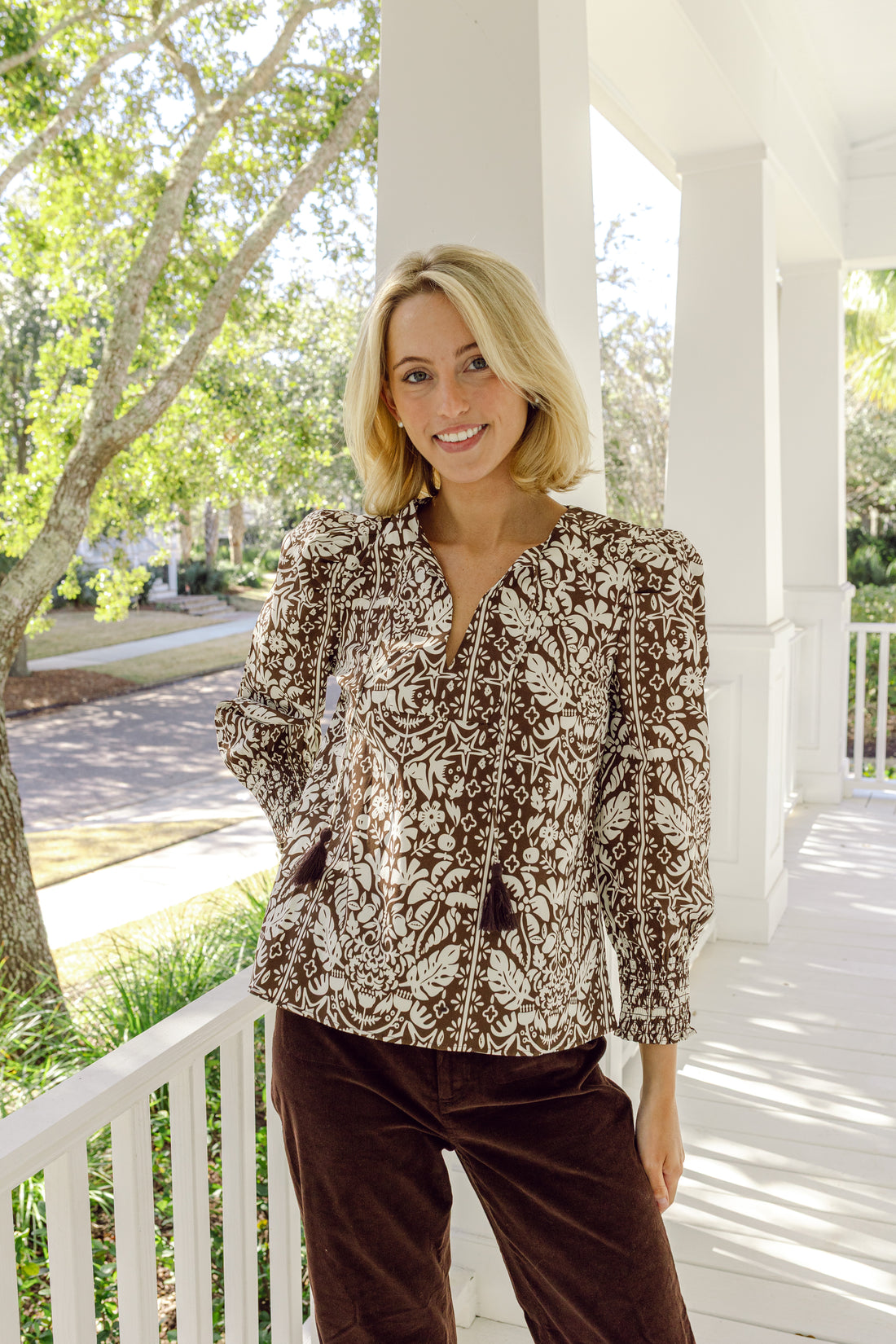 Tropical Block Print Tassel Front Top