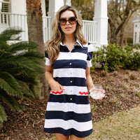 Navy & White Button Front Shirt Dress