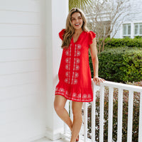 Red Flame V-Neck Ruffle Hem Dress