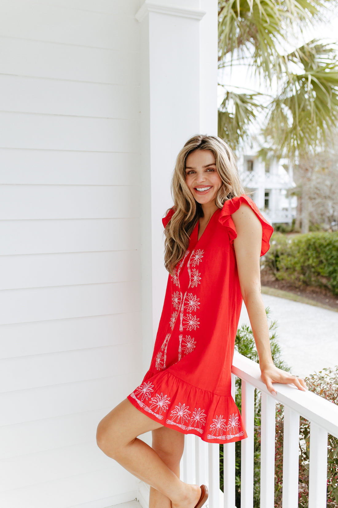 Red Flame V-Neck Ruffle Hem Dress