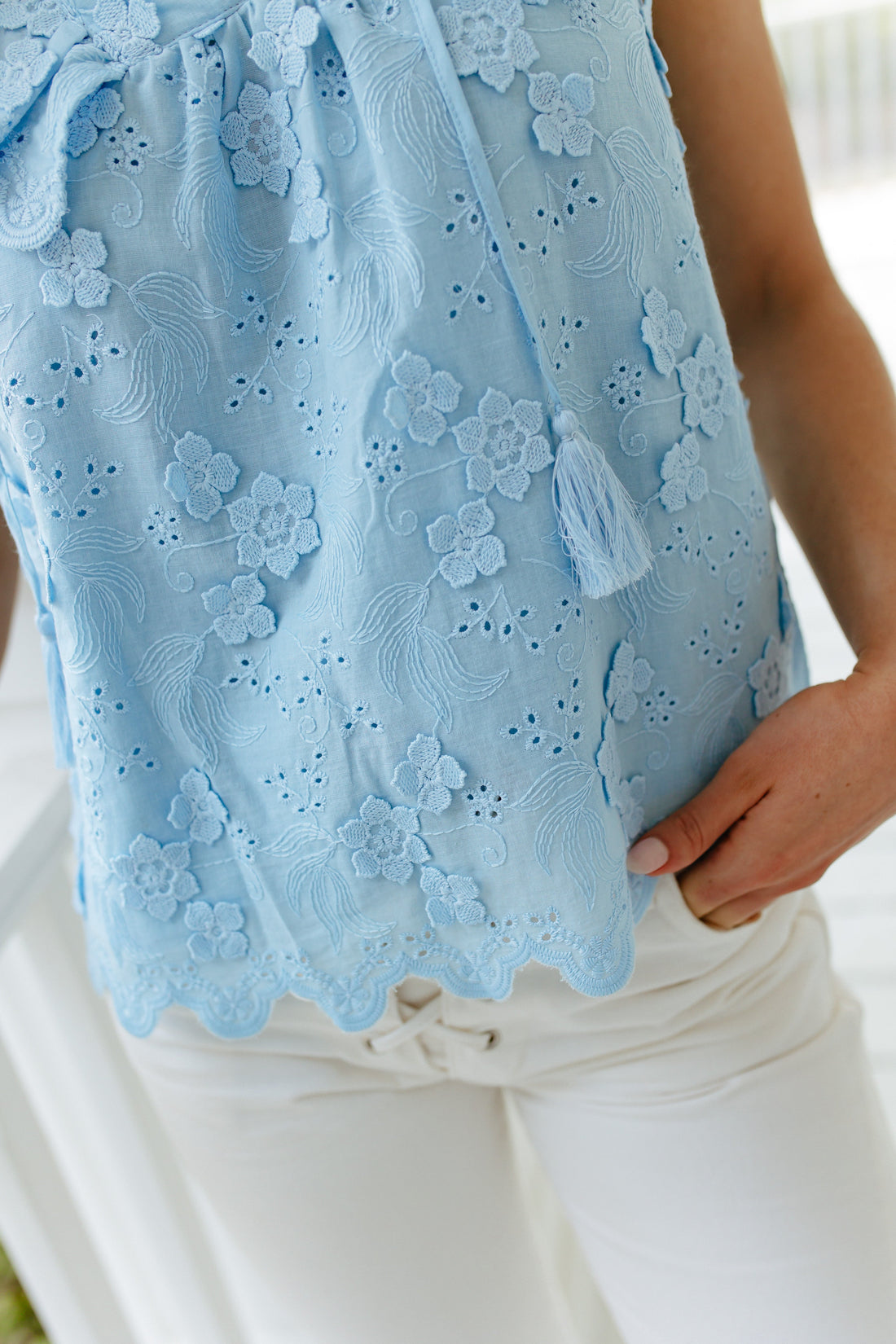 Sky Floral Eyelet Ruffle Front Top