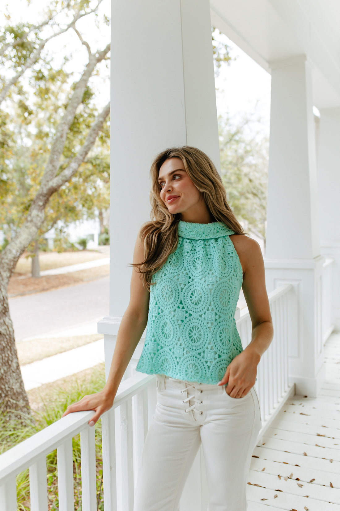 Mint Eyelet Cowl Neck Top