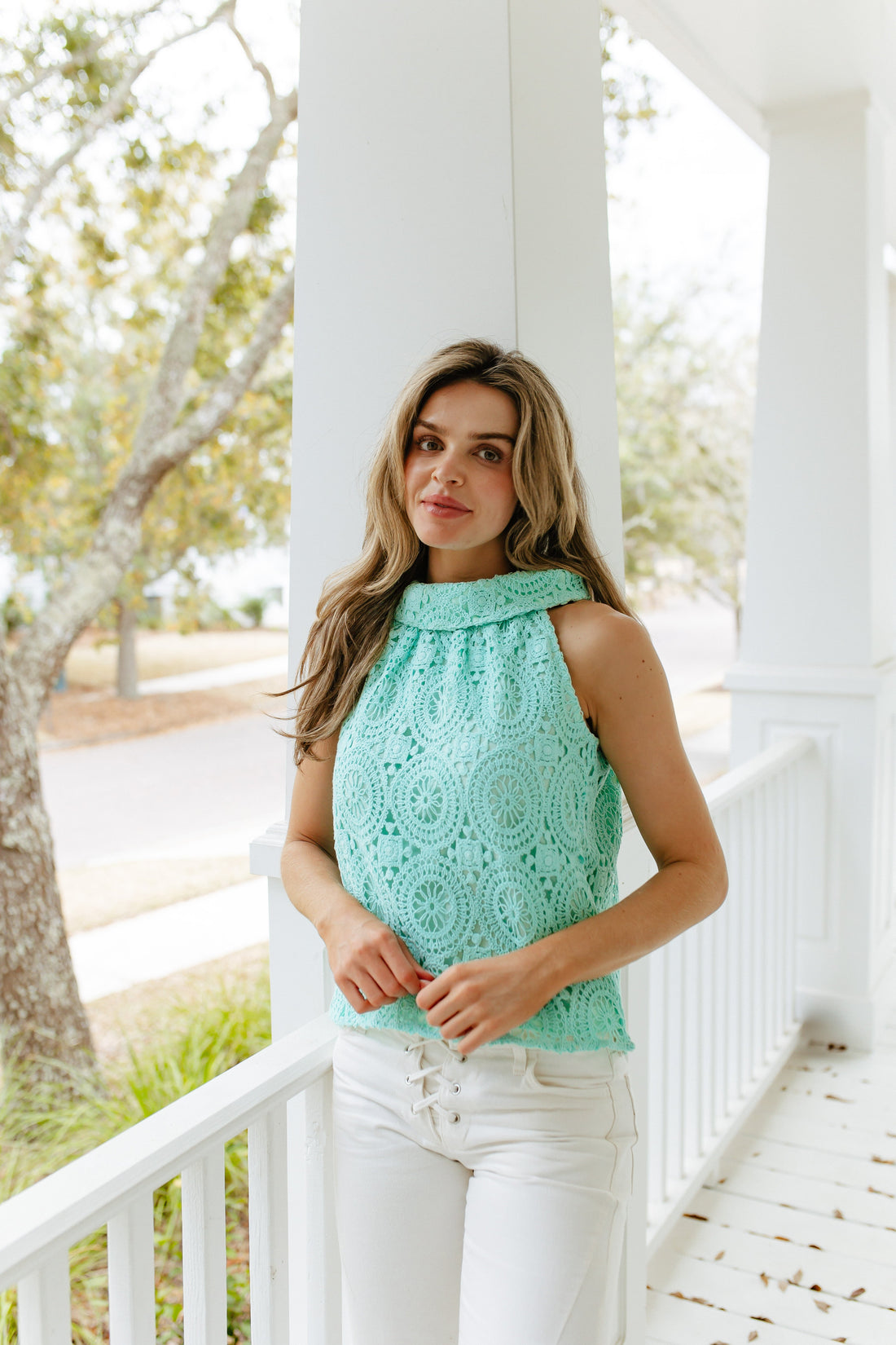 Mint Eyelet Cowl Neck Top