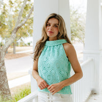 Mint Eyelet Cowl Neck Top