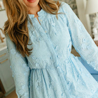 Sky Floral Eyelet Long Sleeve Shirt Dress
